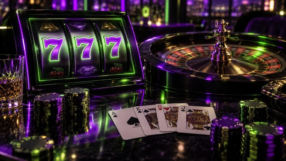 kasyno online automaty – bębny slota 777 obok koła ruletki i stołu do blackjacka na jednym ekranie