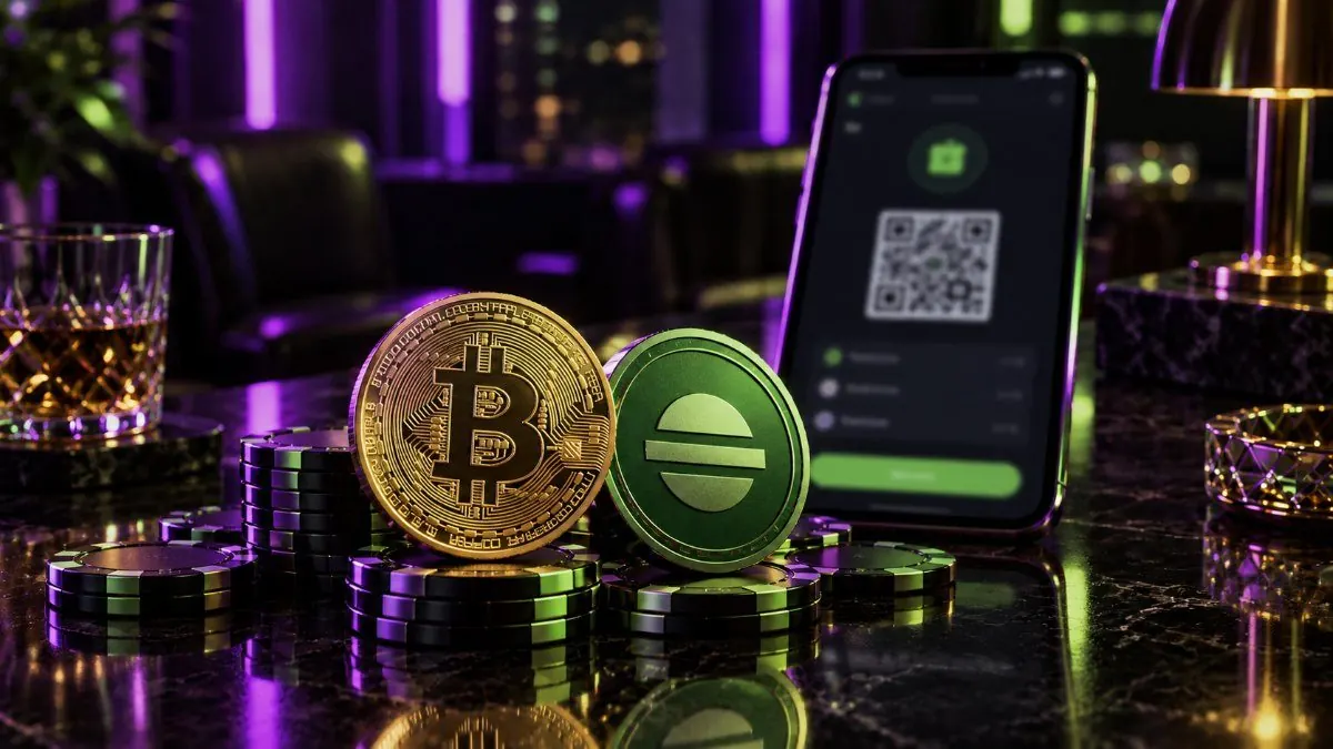 kasyno bitcoin – portfel krypto w telefonie z kodem QR i adresem wpłaty USDT w sieci TRC-20
