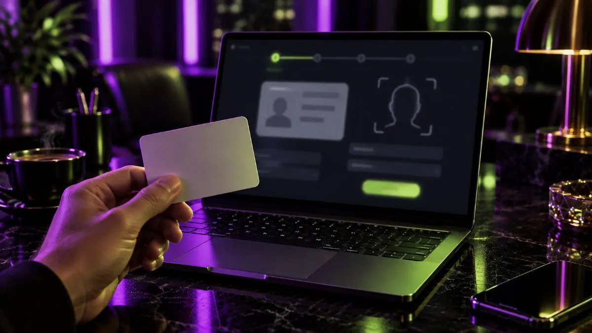 kasyno bez weryfikacji – formularz KYC z dowodem osobistym i selfie na ekranie laptopa