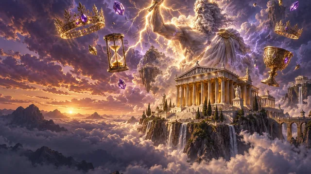 Gates of Olympus 1000 – świątynia na szczycie Olimpu, bóg gromów z błyskawicą, korony, klepsydra i kielich w chmurach