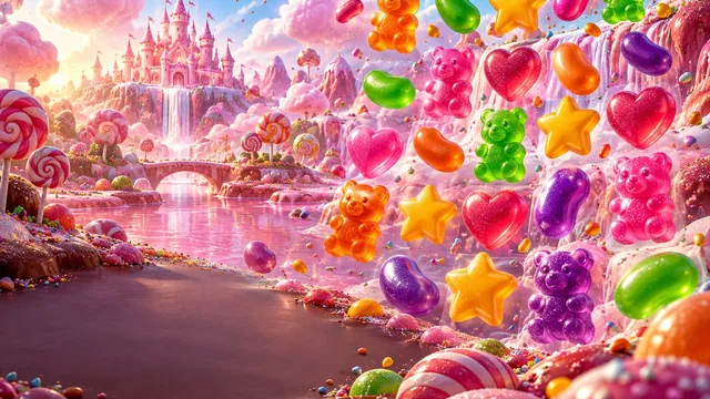 Sugar Rush – żelkowe misie, serca, gwiazdki i fasolki w neonowych kolorach na tle cukrowego zamku