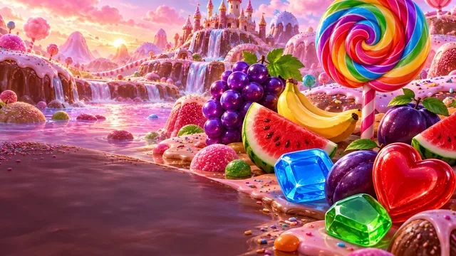 Sweet Bonanza – winogrona, arbuzy, cukierkowe serca i tęczowy lizak na tle słodkiej krainy