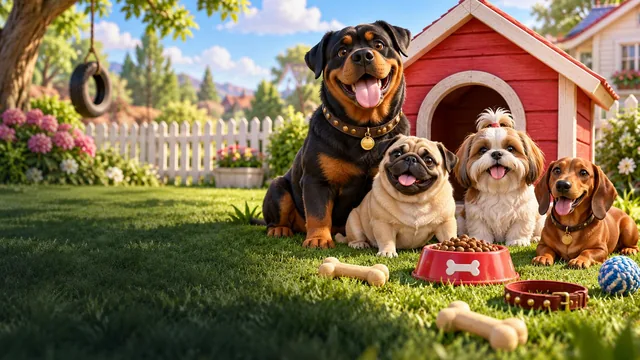 The Dog House – czerwona psia buda, rottweiler, mops, shih tzu i jamnik na trawniku z kośćmi i miską